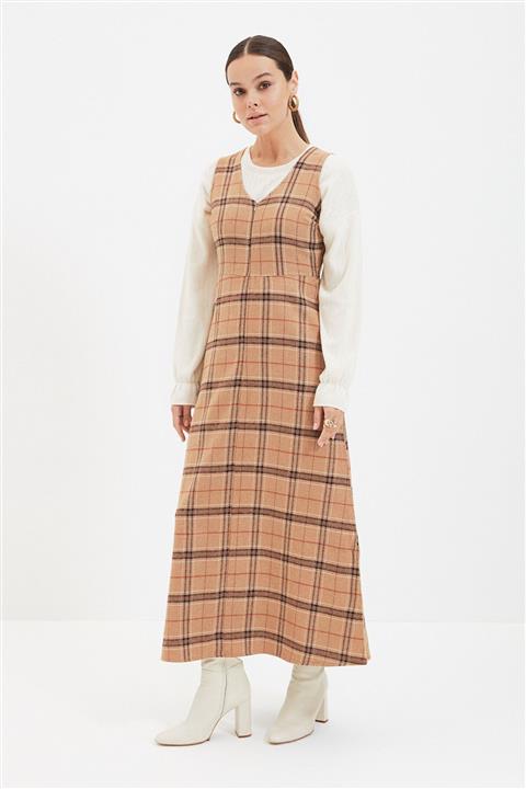 Trendyol Modest Camel Ekoseli Jile Elbise TCTAW22EB0057