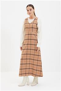 Trendyol Modest Camel Ekoseli Jile Elbise TCTAW22EB0057