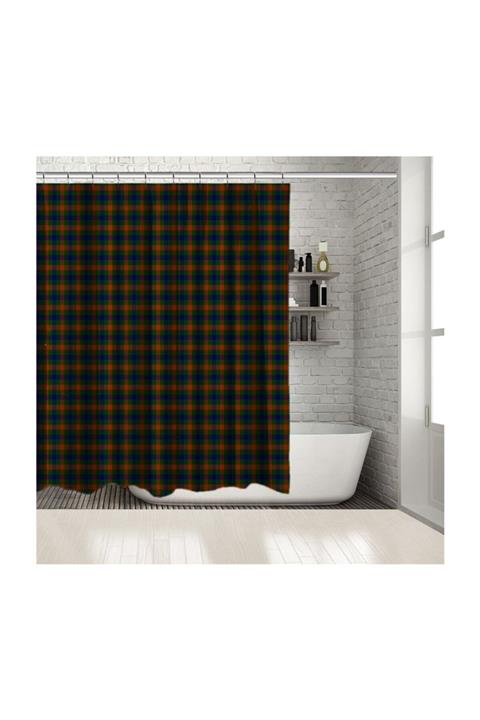 Henge Home Baskılı Duş Perde Saks Oranj Yeşil Tartan Kare Küçük Ekose Desenli