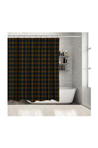 Henge Home Baskılı Duş Perde Saks Oranj Yeşil Tartan Kare Küçük Ekose Desenli