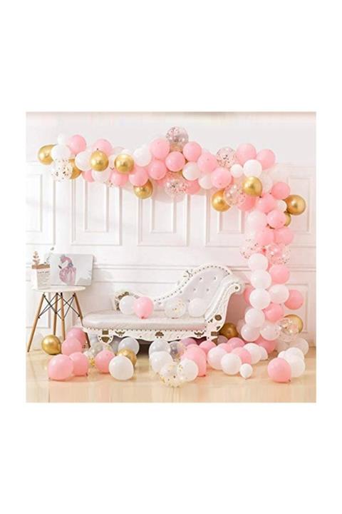 Parti Evreni Pembe Beyaz Gold Krom Konfetili Balon Zincir Seti - 5 Metre
