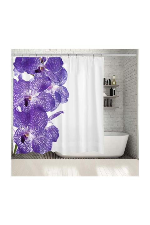 Henge Home Baskılı Duş Perde Beyaz Mor Büyük Orkide Desenli