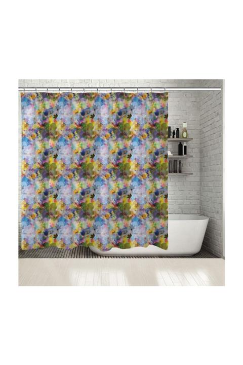 Henge Home Baskılı Duş Perde Sarı Yeşil Mavi Pembe Yaprak Desenli