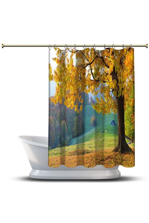 AssosHome Banyo Duş Perdesi Tasarım Dekor Yayla Manzaralı Sarı Yaprak Ağaç Dijital Baskılı En 175 Cm