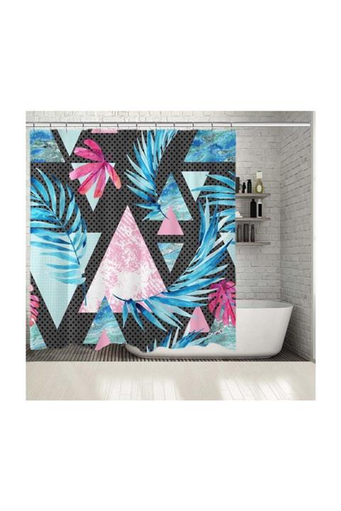 Henge Home Baskılı Duş Perde Nokta Palmiye Geometrik Desenli Pembe Mavi