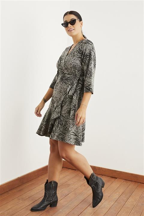 Curly Siyah Jakarlı Kruvaze Elbise