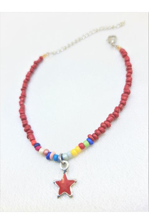 TÜKKAN ACCESSORİES Kırmızı Boncuklu Yıldız Figürlü Halhal