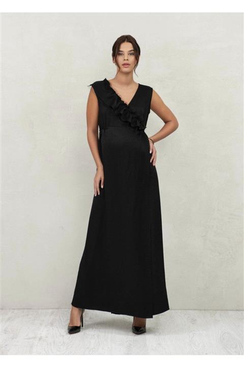 Even Fashion Hamile Giyim Yakası Fırfırlı Uzun Abiye Hamile Elbise