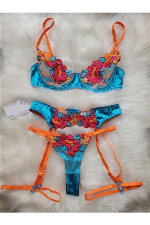 Gaia Underwear Rhea Mavi Turuncu Tasarım Jartiyer Takımı