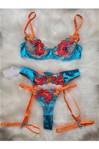 Gaia Underwear Rhea Mavi Turuncu Tasarım Jartiyer Takımı