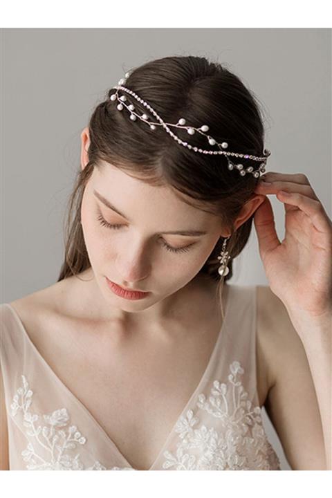 bba new trend Saç Aksesuarları Gelin Inci Gelin Tacı Kristal Şeritli Taç Gümüş