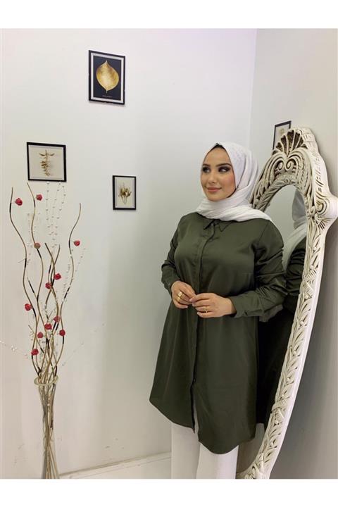 RİKAMODA Haki Saten Tunik Gömlek
