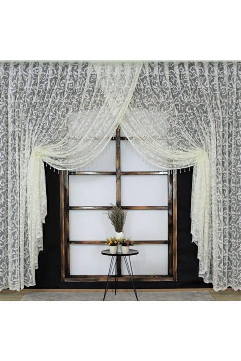 AT Altun Tekstil Boncuklu Kruvaze Tül Perde 1x2.5