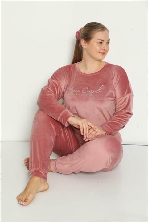 BERİN HOMEWEAR Kadın Büyük Beden Fransız Kadife Pijama Takımı