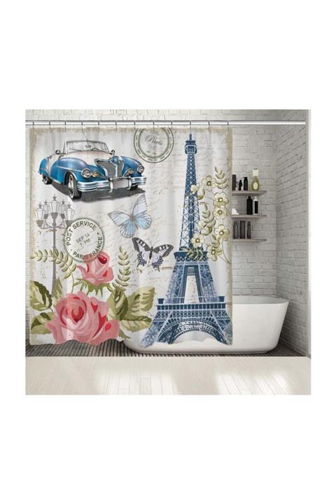 Henge Home Baskılı Duş Perde Paris Desenli Mavi Arabalı Retro Eskitme