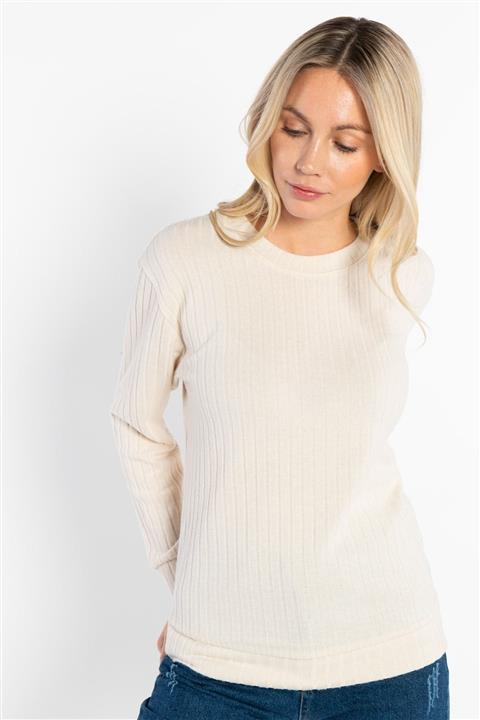 MODASSA Kadın Bej Bisiklet Yaka Lastik Örgülü Triko Kazak.