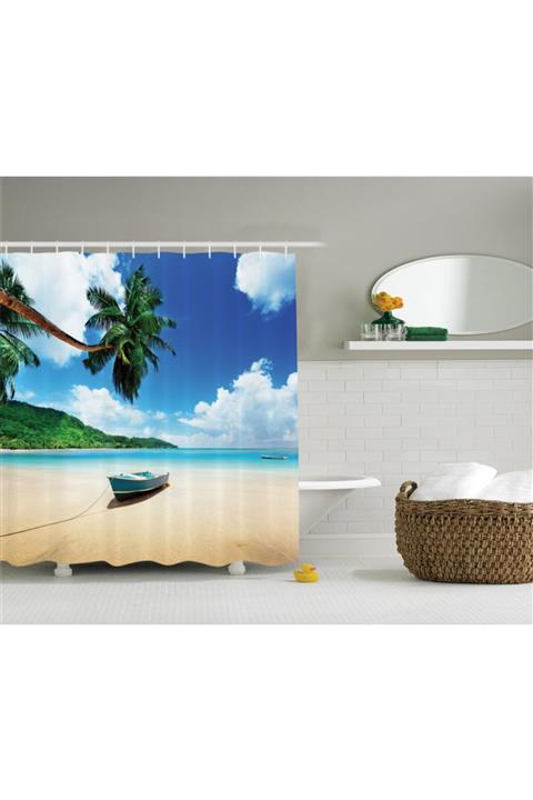 Orange Venue Sahil Duş Perdesi Kumsaldaki Tekne Temalı Rengirenk