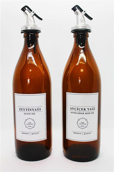 Reoona Beyaz Etiketli Uzun Amber Şişe 2'li Zeytinyağı Sıvıyağ Şişesi Yağdanlık Yağlık 500 ml