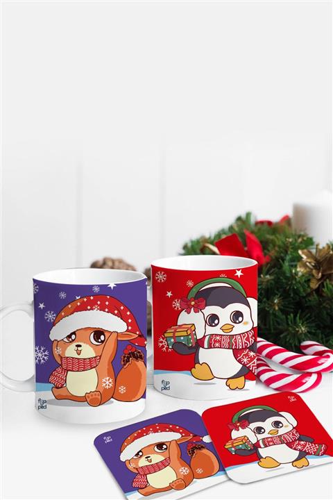 Flipped Yılbaşı Sweety Animals Bardak Altlıklı Tasarım Ikili Kupa Seti