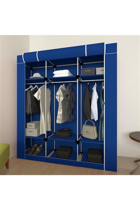 Berrado Lacivert Plastik Borulu Çok Askılıklı Raflı Bez Gardırop