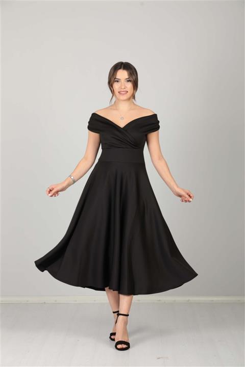 giyimmasalı Kayık Yaka Midi Elbise - Siyah