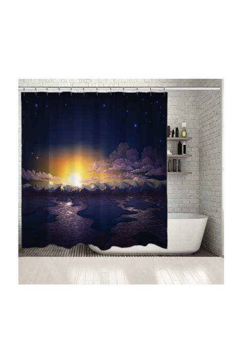 Henge Home Baskılı Duş Perde Gece Manzarası Bulut Nehir Yıldız Deseni