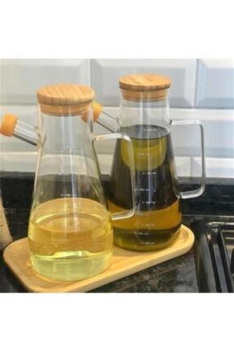 morponi Bambu Kapaklı Vakumlu Standlı 900 ml Borosilikat Cam Yağlık Sütlük Sosluk 3'lü Set