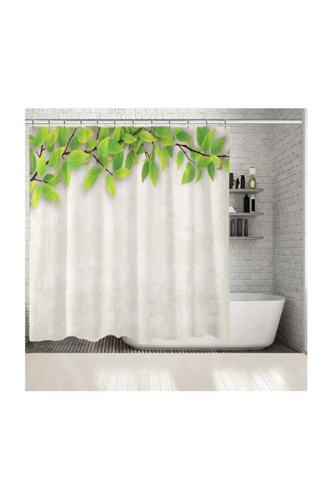 Henge Home Baskılı Duş Perde Yeşil Yaprak Dal Desenli