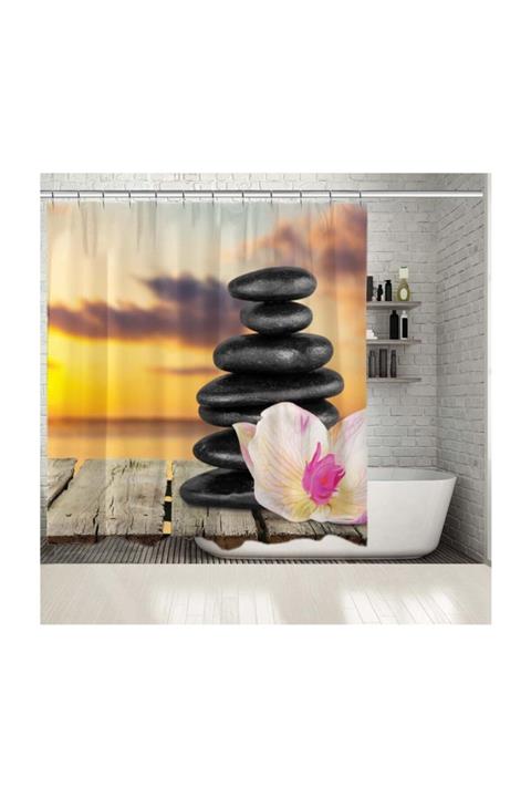 Henge Home Baskılı Duş Perde Spa Taşları Orkide Turuncu Gökyüzü Desenli