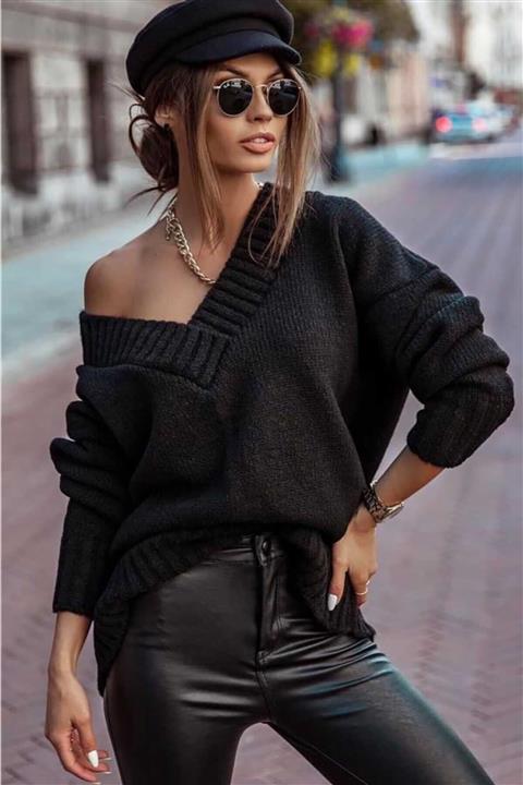 Madmext Kadın  Siyah V Yaka Oversize Kazak Mg766