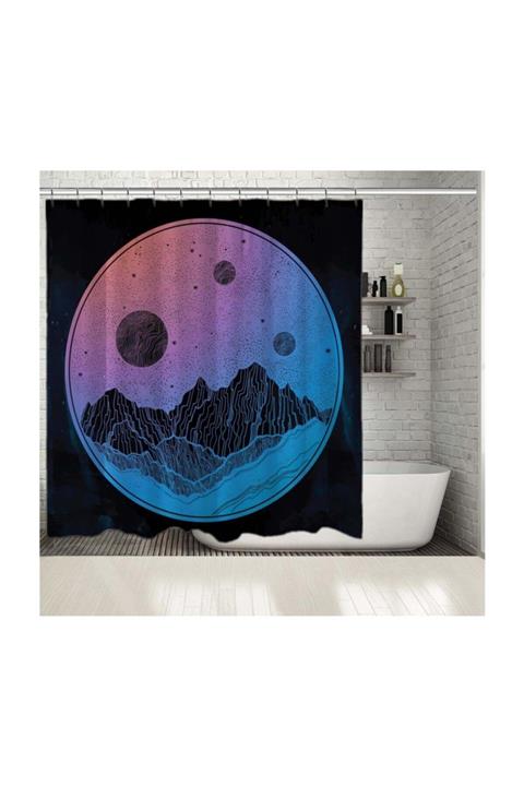 Henge Home Baskılı Duş Perde Dağ Manzara Gece Gökyüzü Desenli Mavi Pembe