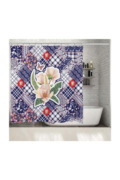 Henge Home Baskılı Duş Perde Etnik Çiçek Çizgi Desenli Kırmızı Mavi