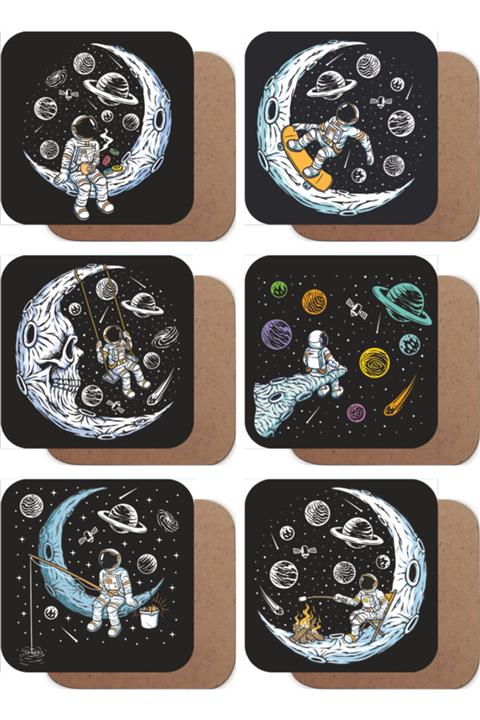 Hayat Poster Uzayda Hayat Var, Yalnız Astronot 6lı Ahşap Bardak Altlığı Seti