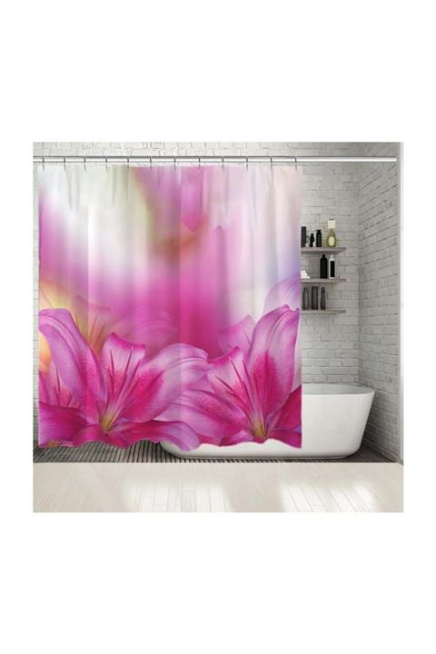 Henge Home Baskılı Duş Perde Lilyum Çiçeği Pembe Mor Arka Plan Desenli