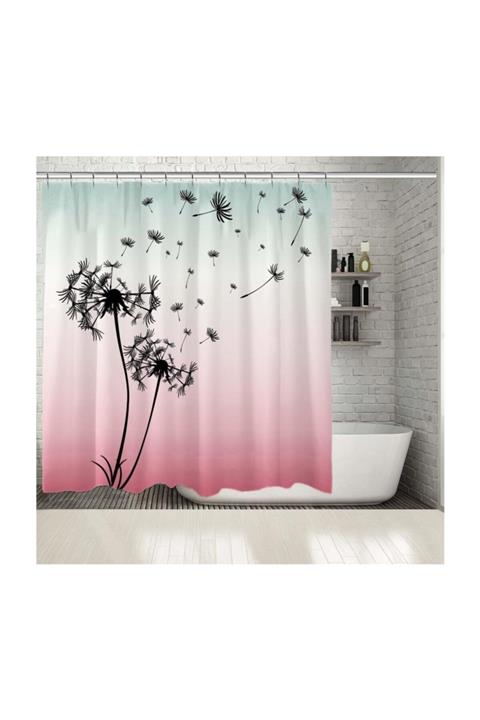 Henge Home Baskılı Duş Perde Pembe Yeşil Ombre Siyah Karahindiba Desenli
