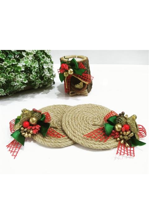 Beyaz Gelincik Tasarım Yılbaşı Özel Hediyesi 2'li Bardak Altlığı Seti (kütük Mumluk Hediyeli)