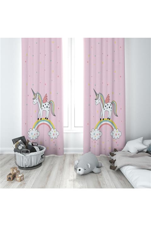 Lolla Pembe Unicorn Desenli Fon Perde 185