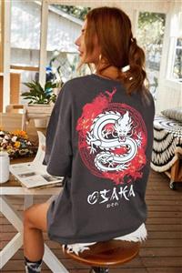 Millionaire Antrasit Osaka Dragon Japonca Baskılı Oversize Salaş Kadın T-shirt