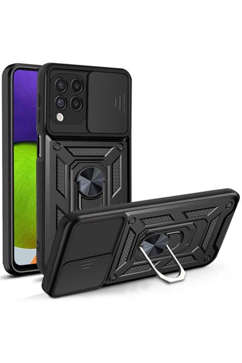 Samsung Galaxy A22 Uyumlu Kılıf Kamera Korumalı Sürgülü Yüzüklü Armor Military Tank Zırh