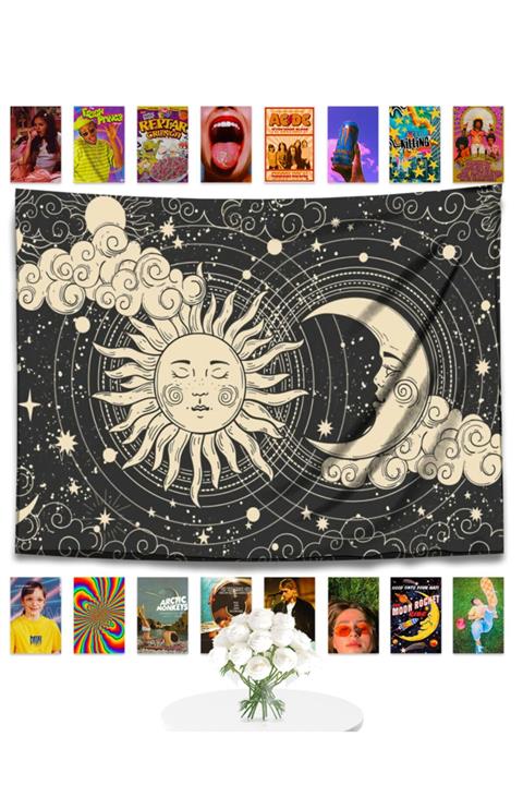 bukashops Siyah Ay Güneş Bulut Duvar Halısı 70x100 Cm