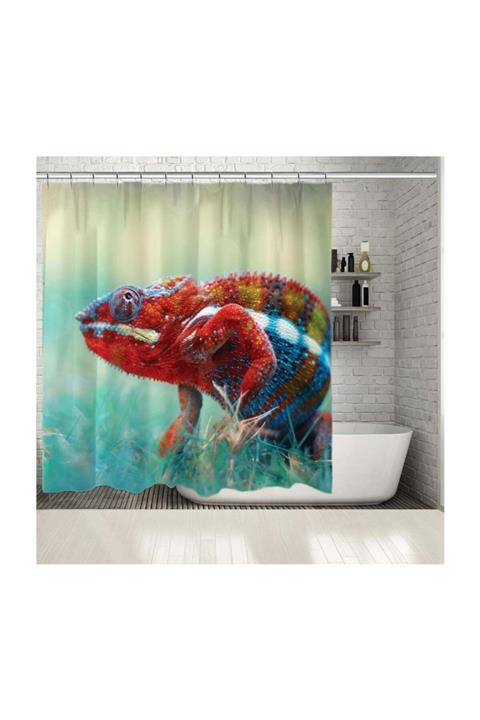 Henge Home Baskılı Duş Perde Doğa Renkli Bukalemun Deseni