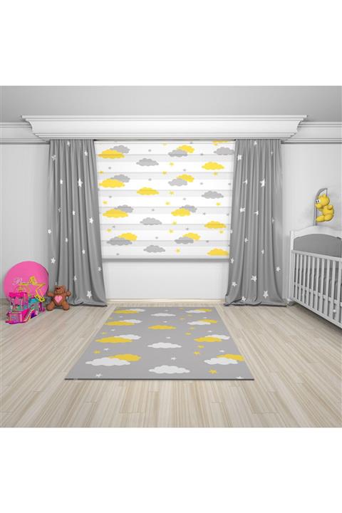 Kuşcu Tekstil Gri Zemin Beyaz Yıldızlar Baskılı Bebek Odası Fon Perde