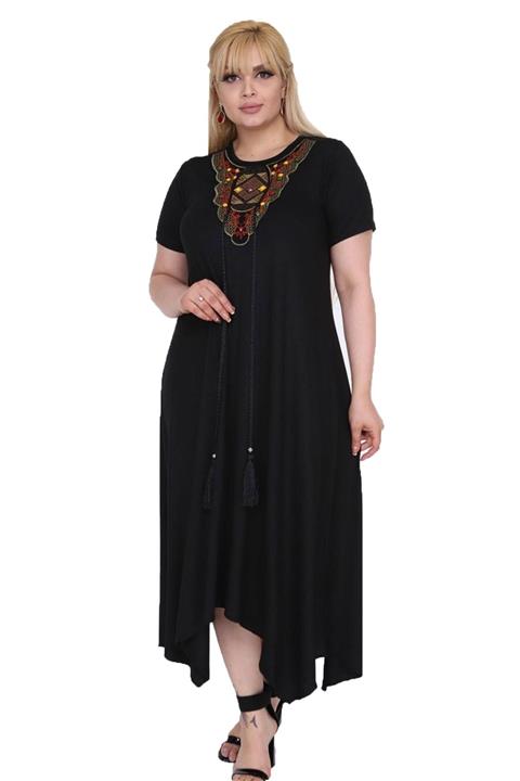 Moda Ataman Kadın Büyük Beden Siyah Etnik Desen Detaylı Bohemian Tarz Elbise