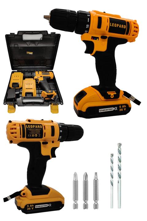 Leopard 36 Volt 5 Amper Metal Şanzuman Çift Akülü Çift Vitesli Şarjlı Vidalama Şarjlı Matkap 5 Ad. Uç Hediye