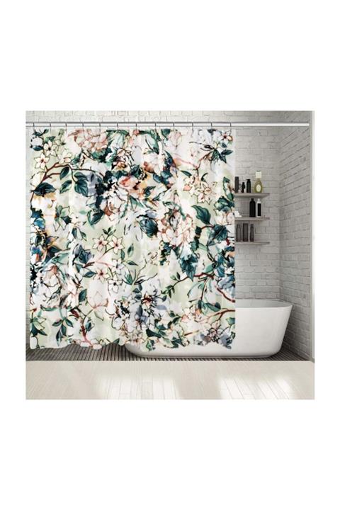 Henge Home Baskılı Duş Perde Yeşil Zeminli Beyaz Çiçek Desenli