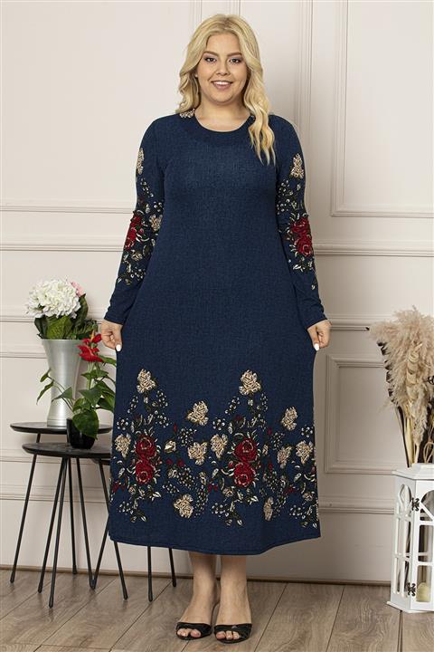 Osyoumoda Büyük Beden Siyah Zara Desen Yaka Pervazlı Uzun Elbise