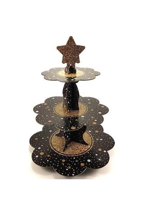Partimarka Siyah Renk Altın Yıldızlı Kek Standı