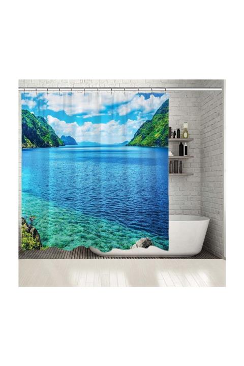 Henge Home Baskılı Duş Perde Deniz Defne Ada Manzara Desenli