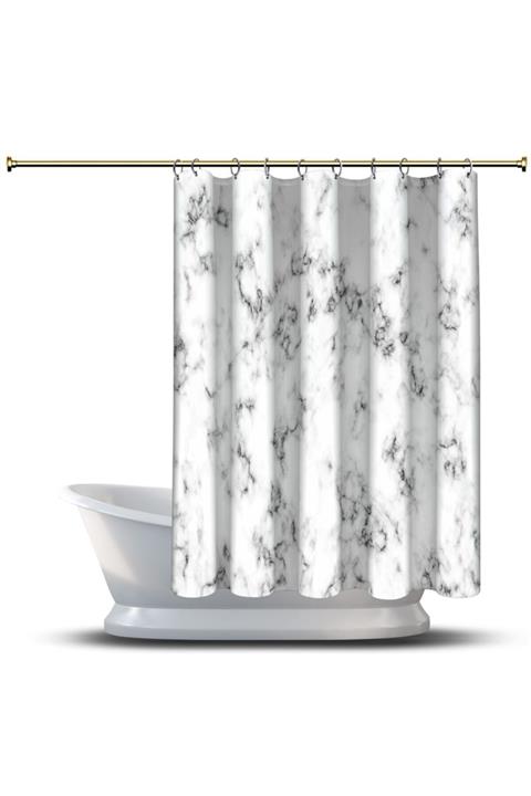 AssosHome Banyo Duş Perdesi Tasarım Dekor Siyah Damarlı Siyah Beyaz Mermer Dijital Baskılı En 175 Cm