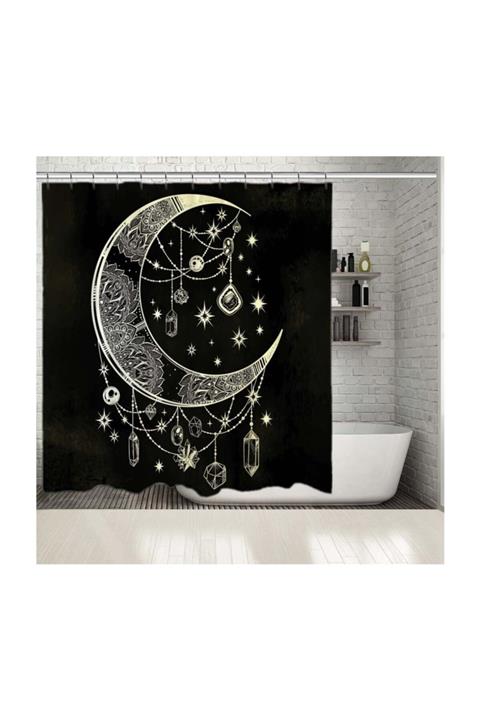 Henge Home Baskılı Duş Perde Ay Ve Mandala Etkili Sarı Renk Desenli